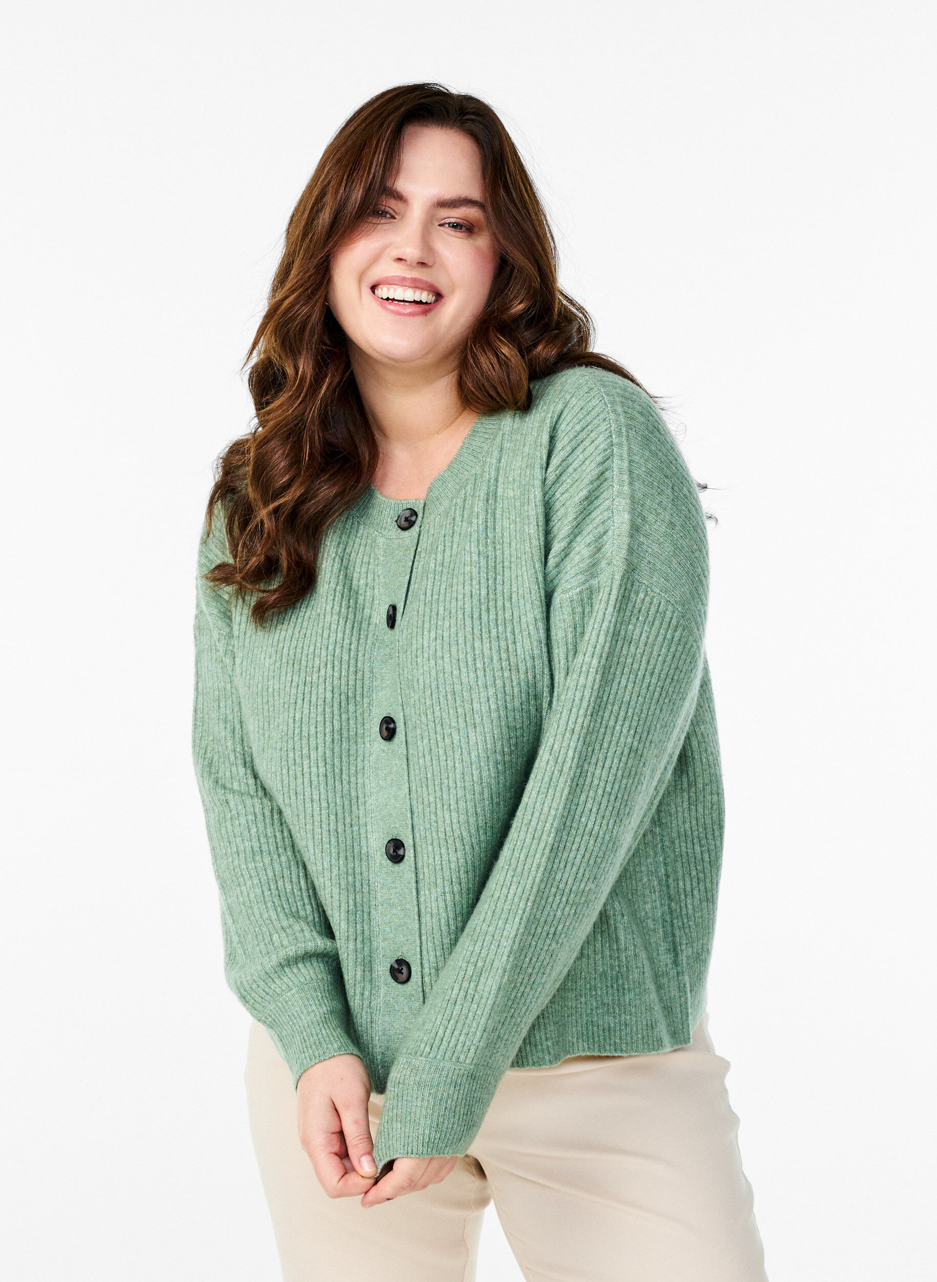 Zizzi Rippenstrick Strickjacke mit Kn&ouml;pfen, Gr&uuml;n, Model image number 0