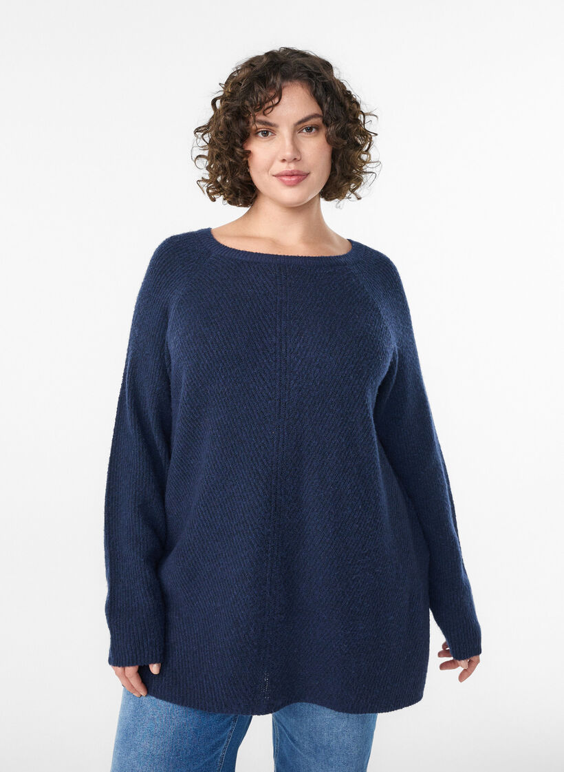 Strickpullover mit diagonalem Muster und Raglan&auml;rmeln, Blau, Model image number 0