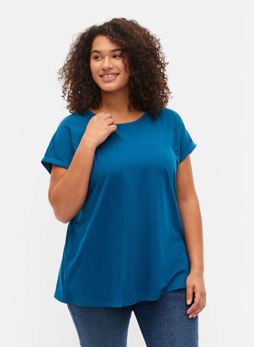 Kurzärmeliges T-Shirt aus einer Baumwollmischung, Petrol Blue, Model image number 0