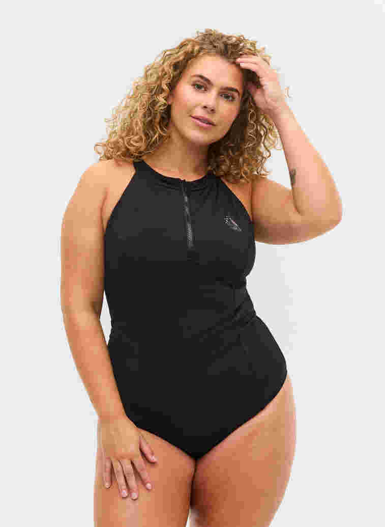 Badeanzug mit Reißverschluss, Black, Model
