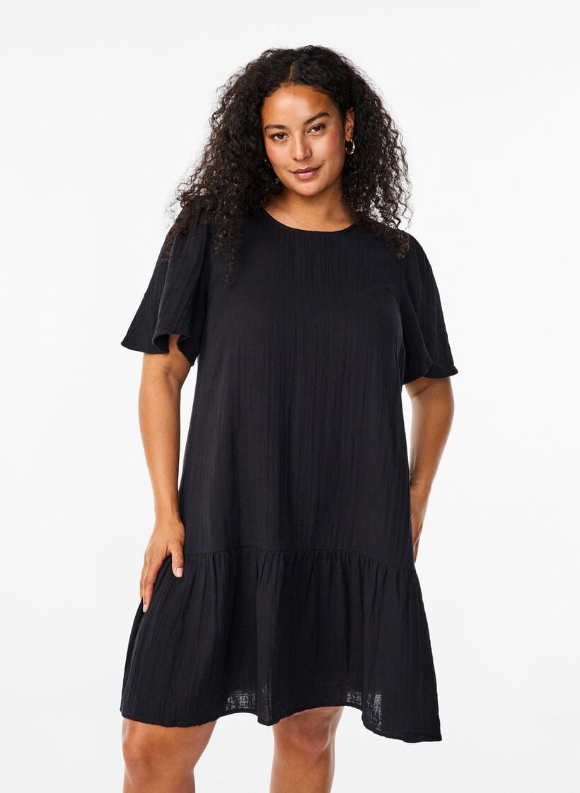 Kurz&auml;rmliges Kleid aus Baumwolle mit A-Linien-Schnitt, Schwarz, Model image number 0