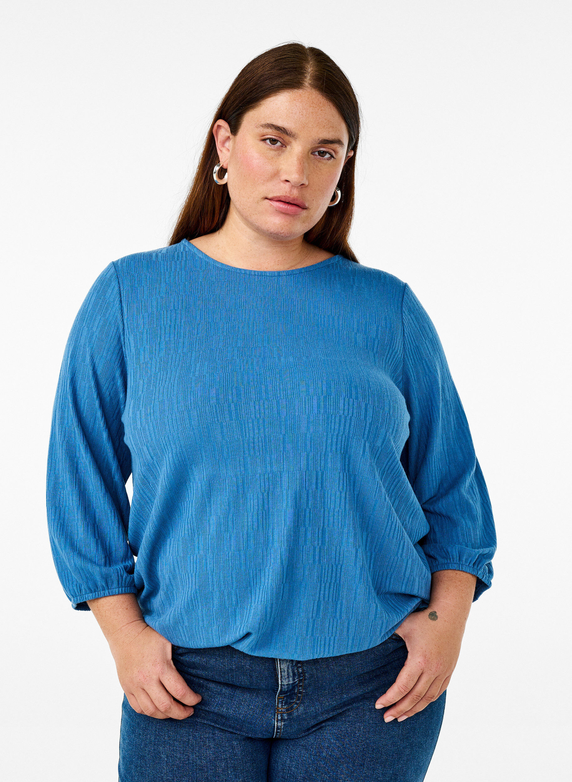 Zizzi Bluse mit Struktur und 3/4-&Auml;rmeln, Blau, Model image number 0