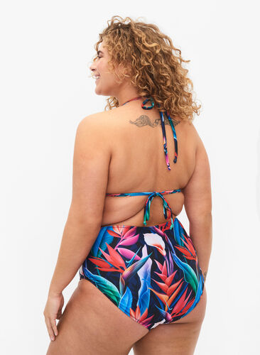 Bikini-Hose mit Print und hoher Taille, Bright Leaf, Model image number 1