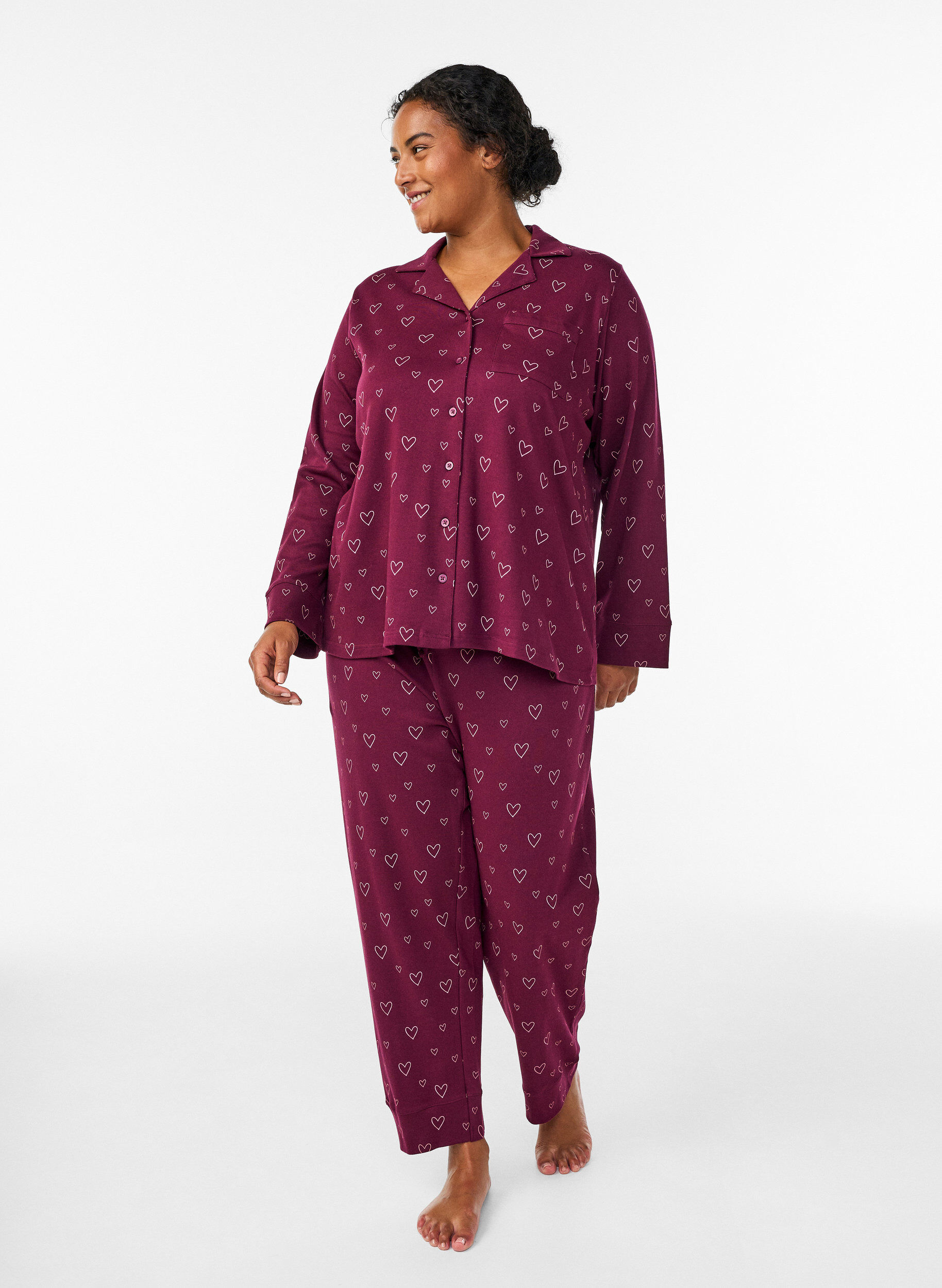 Baumwoll-Pyjamahose mit hohem Bund, Dunkles Bordeaux, Model