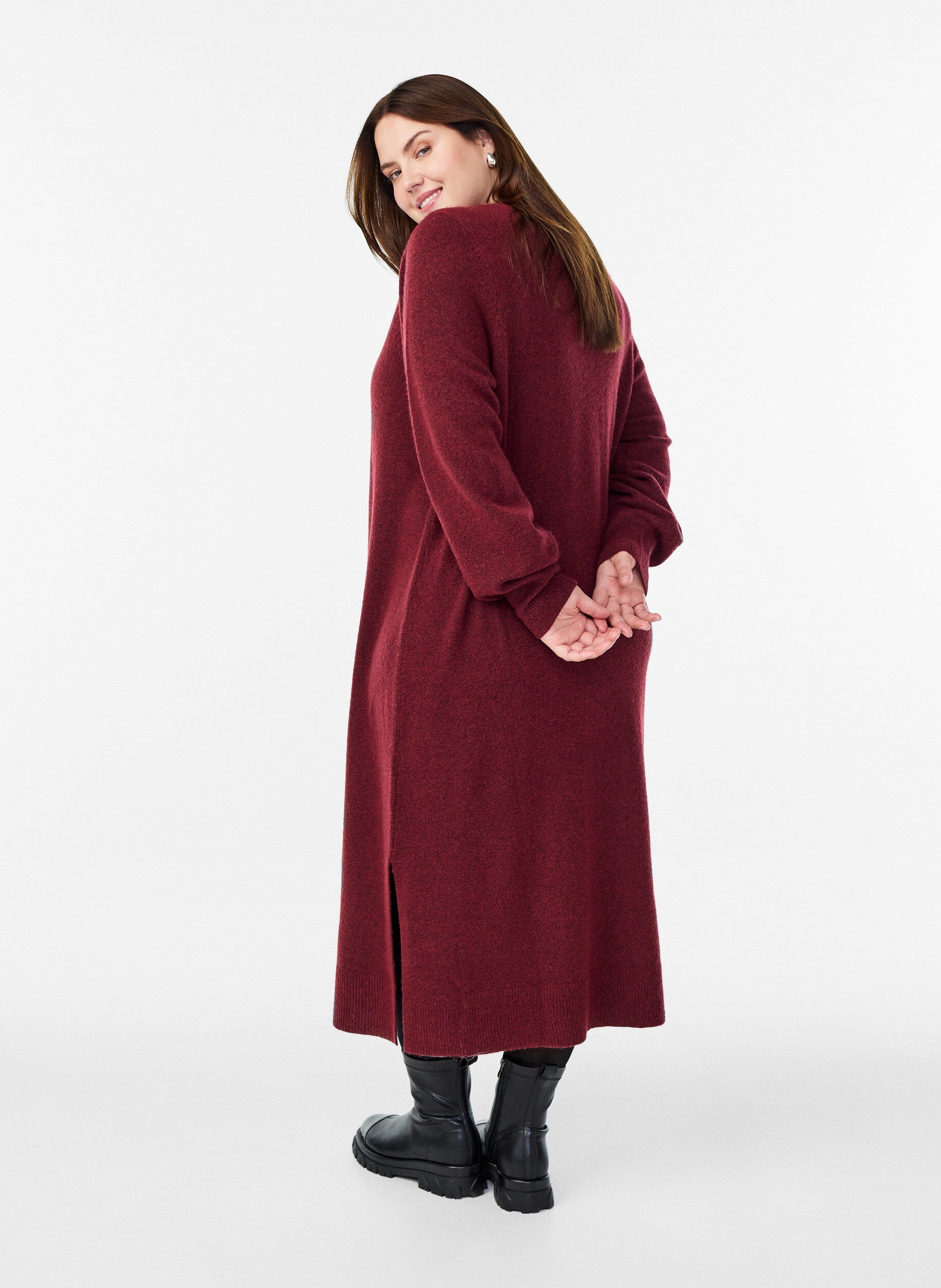 ZizziLang&auml;rmeliges Strickkleid mit V-Ausschnitt, Rot, Model image number 1