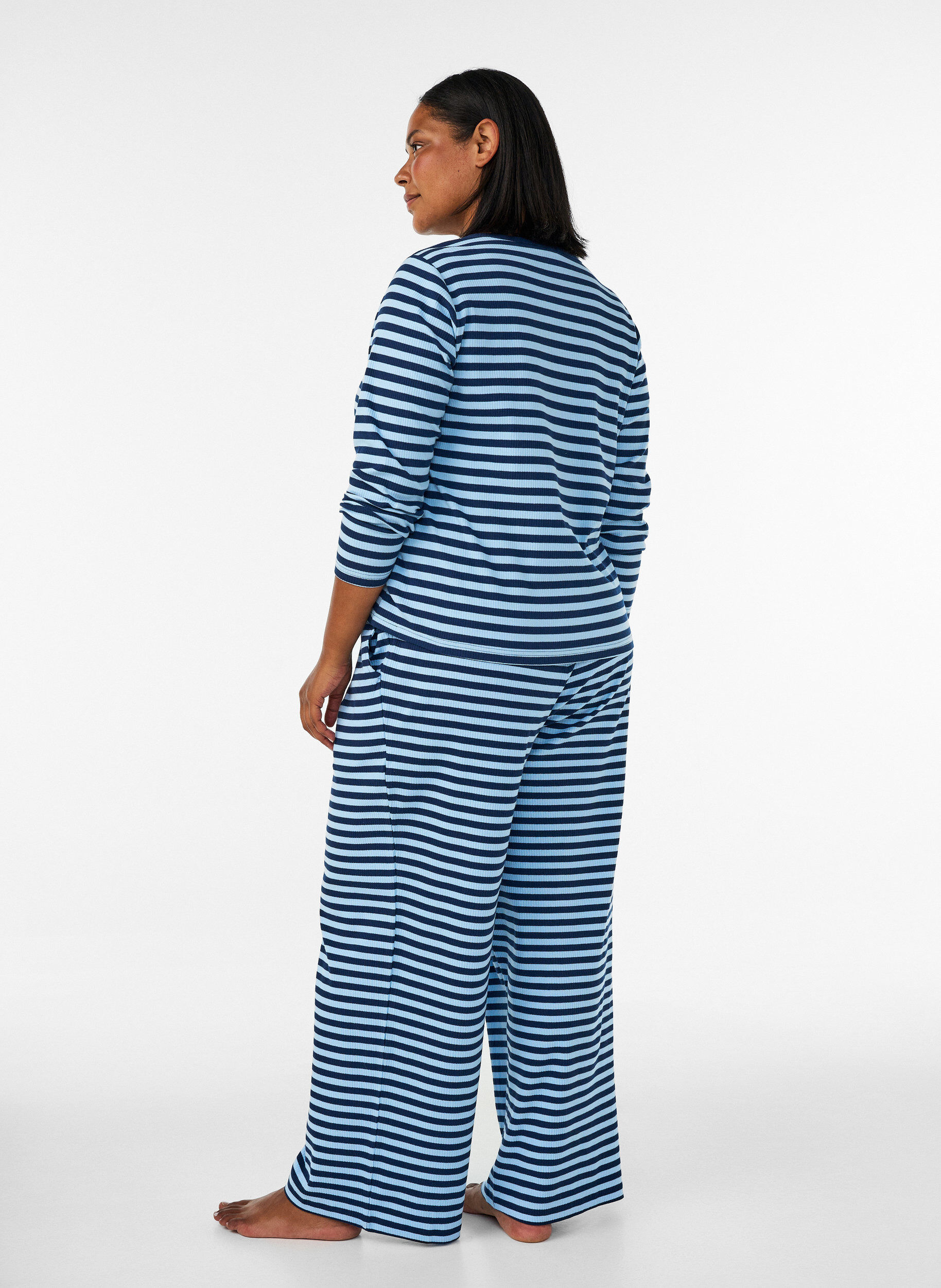 ZizziGestreifte Schlafanzughose mit hoher Taille und weiten Beinen, Blau, Model image number 1