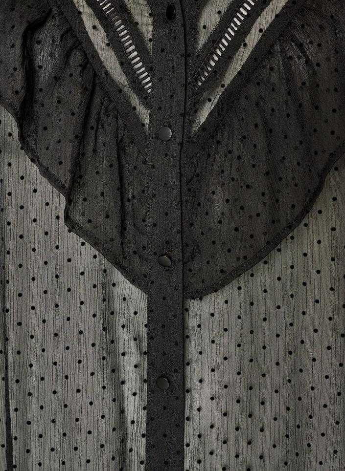Midikleid aus einem leichten, transparenten Stoff mit Punkten und R&uuml;schen, Schwarz, Packshot image number 2