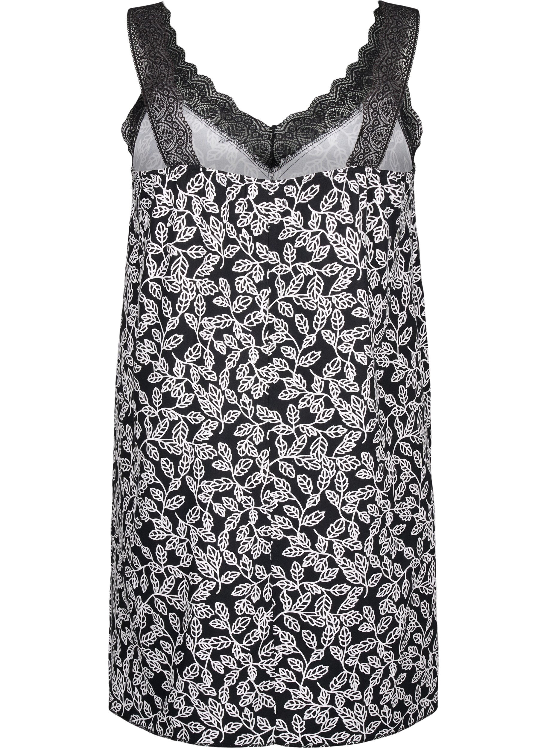 Zizzi Tr&auml;gerkleid aus Viskose mit Spitze, Black w. Wh.Leaf AOP, Packshot image number 1