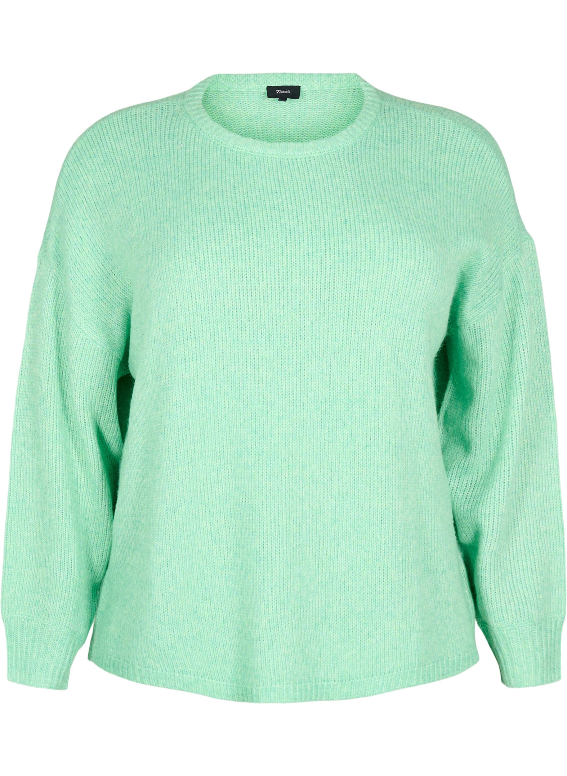 Zizzi Lang&auml;rmliger Strickpullover mit Wollanteil und Rundhalsausschnitt, Light G. Green Mel., Packshot image number 0