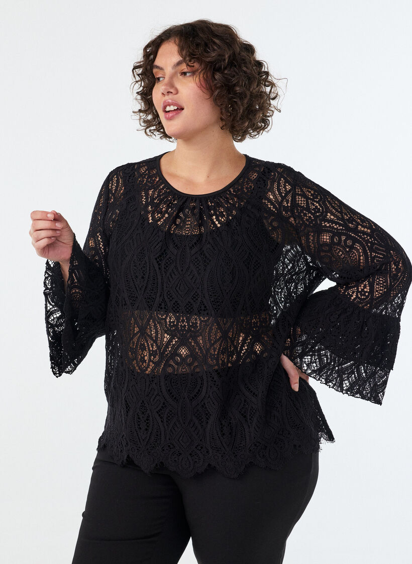 Spitzenbluse mit langen Trompeten&auml;rmeln und R&uuml;schen, Schwarz, Model image number 0