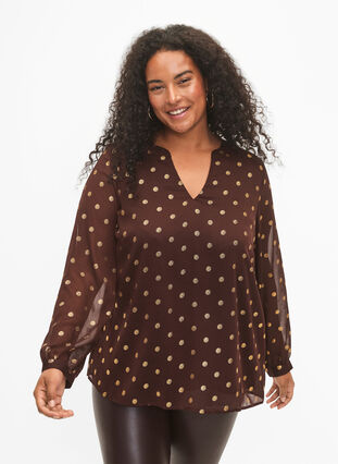Bedruckte Bluse mit V-Ausschnitt, Fudge/Gold Dots, Model image number 0