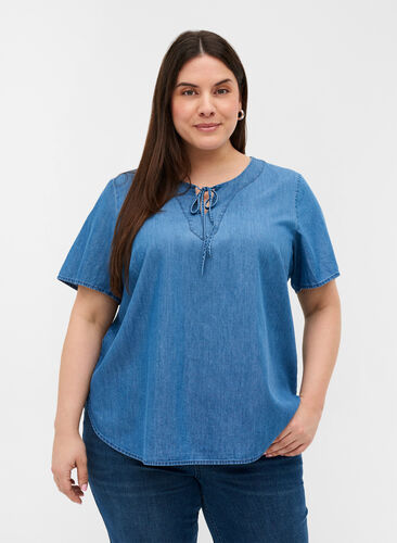 Kurzarm Denim Bluse aus Baumwolle, Medium Blue Denim, Model image number 0