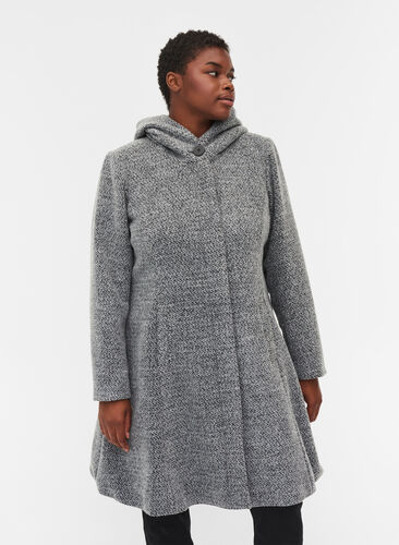 Lange Jacke mit Kapuze und Wolle, Light Grey Melange, Model image number 0