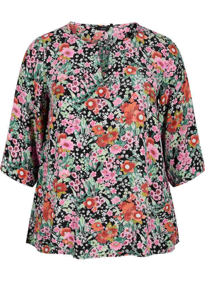 Bluse mit 3/4-Ärmeln und Blumenprint, Green Flower AOP, Packshot image number 0