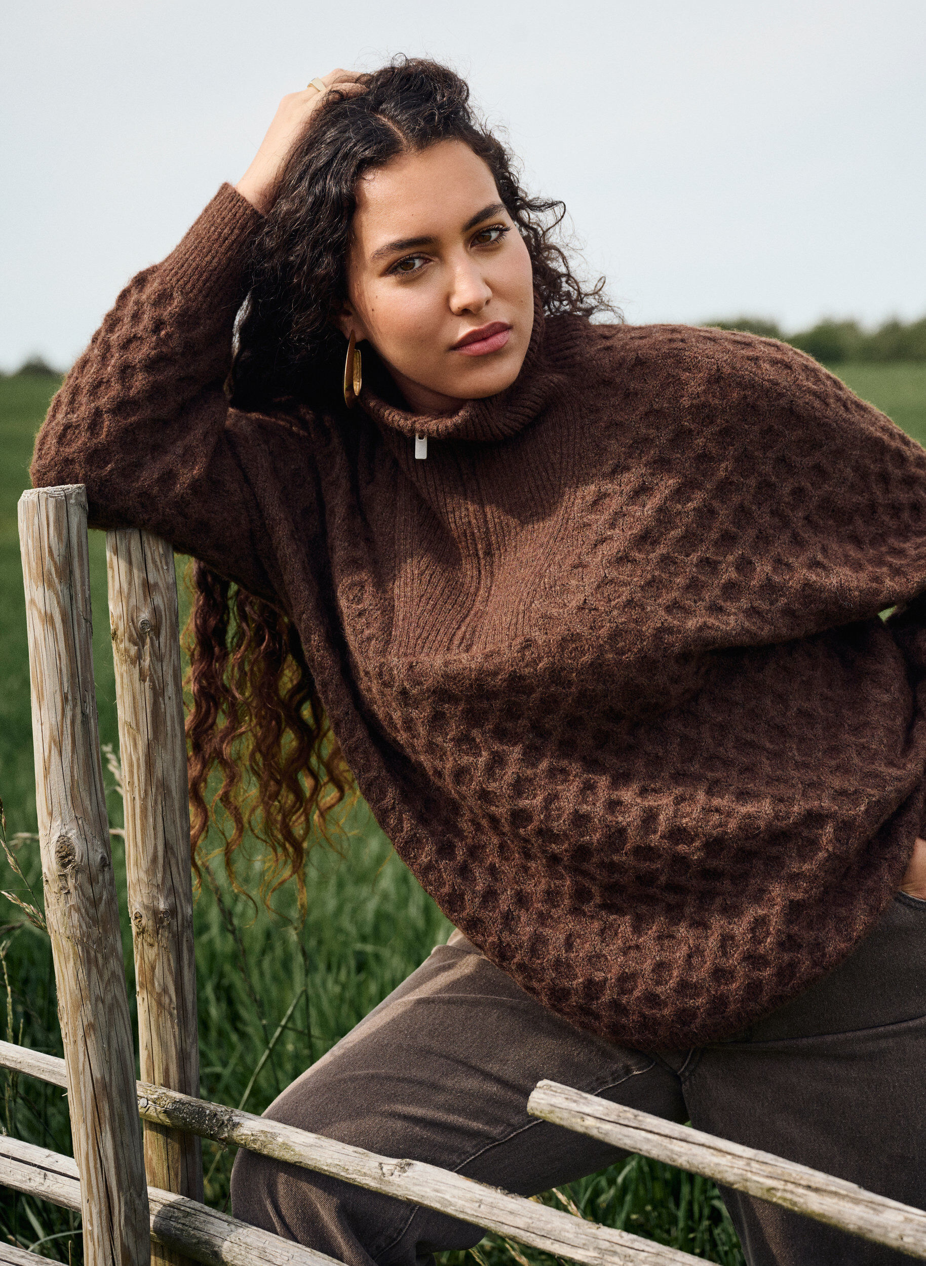 Zizzi Pullover mit hohem Kragen und Struktur, Braun, Image image number 0