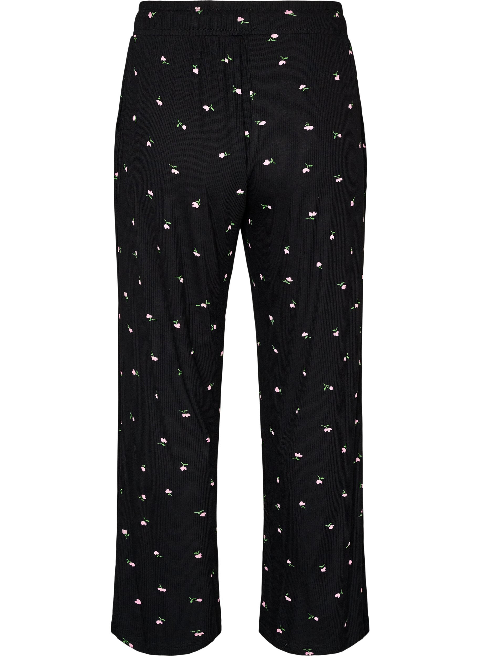 ZizziPyjamahose mit Rippstruktur und gebl&uuml;mtem Print, Schwarz, Packshot image number 1