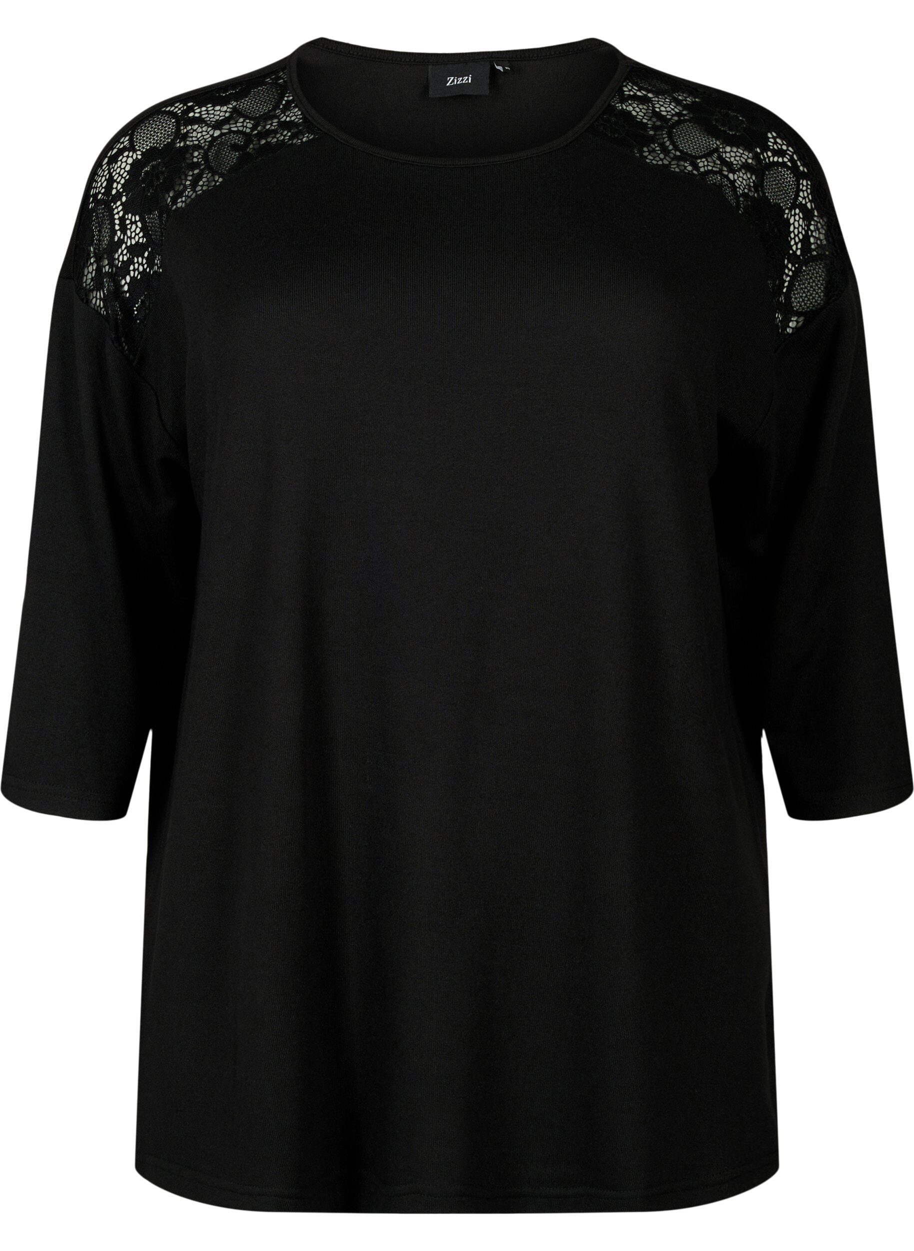 Zizzi Bluse mit 3/4-&Auml;rmeln und Spitzendetail, Black, Packshot image number 0