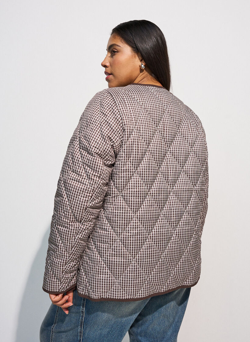 Steppjacke mit kleinem Karomuster und Kontrastbesatz, Braun, Model image number 2