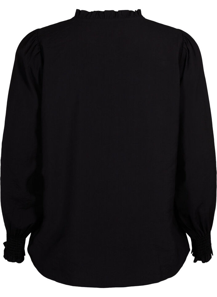 Bluse mit Rüschen und Lochstickerei, Black, Packshot image number 1