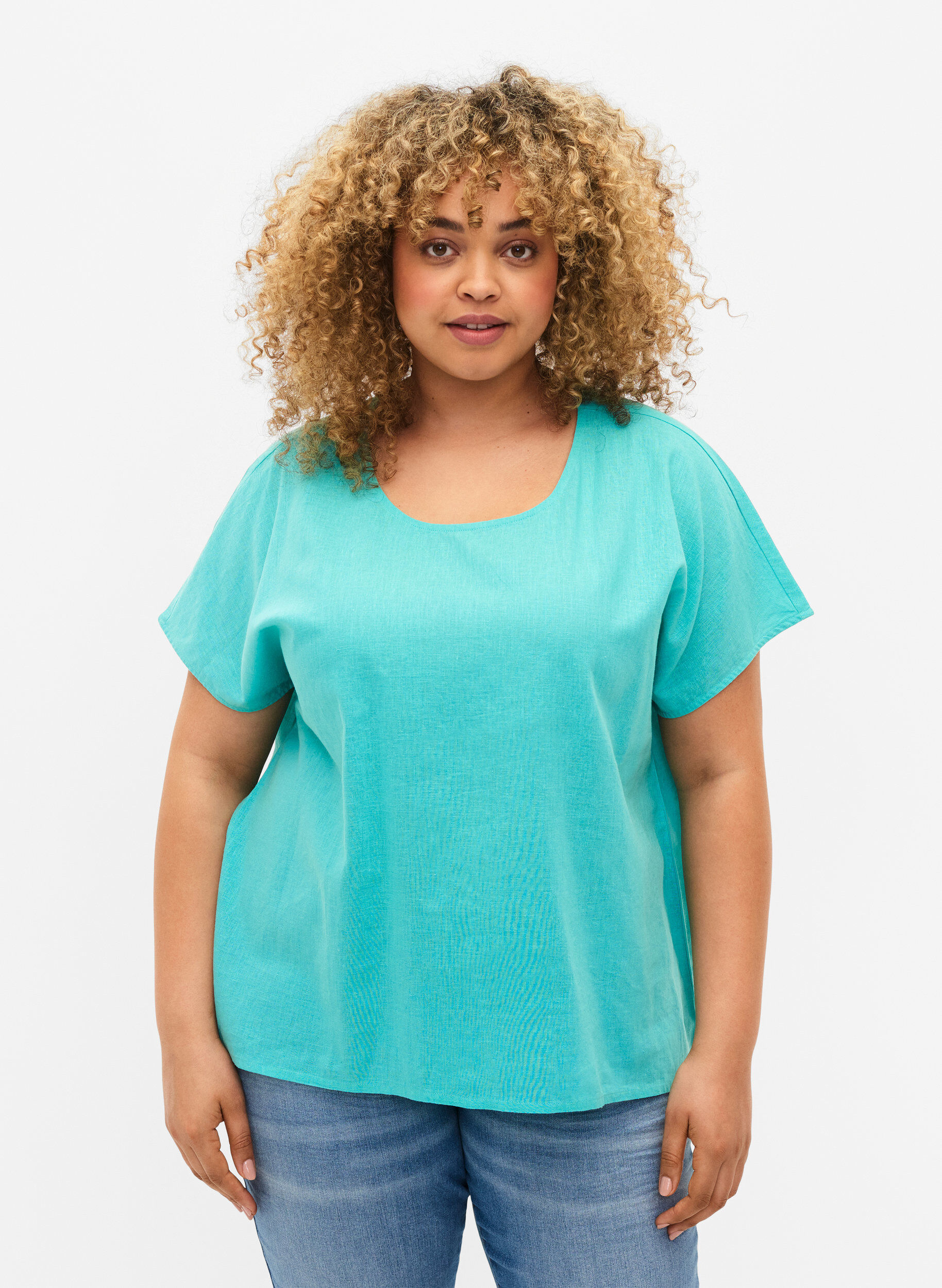 Zizzi Kurz&auml;rmelige Bluse aus Baumwollmischung mit Leinen, Turquoise, Model image number 0