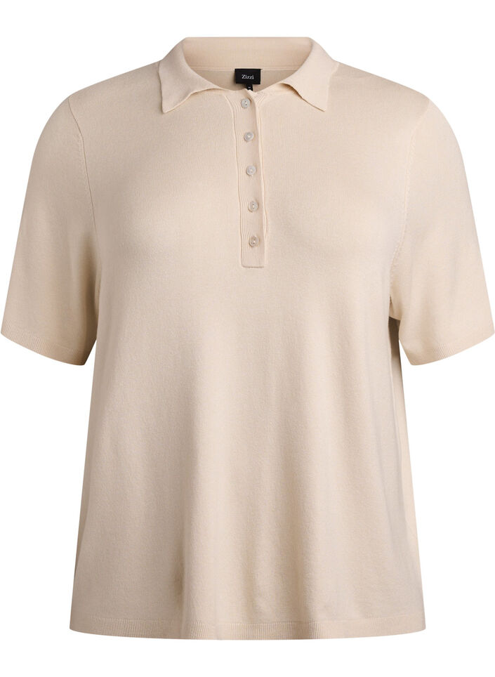 Feinstrick-Poloshirt mit kurzen &Auml;rmeln, Beige, Packshot image number 0