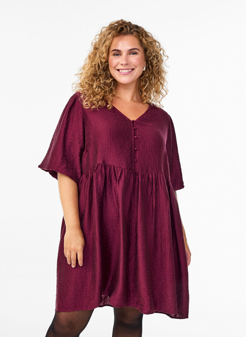 Kurzes Kleid mit Struktur und kurzen Ballonärmeln, Rot, Model image number 0
