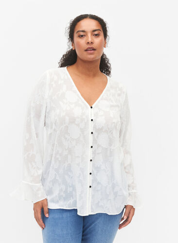Langärmliges Hemd mit Jacquard-Look, Bright White, Model image number 0