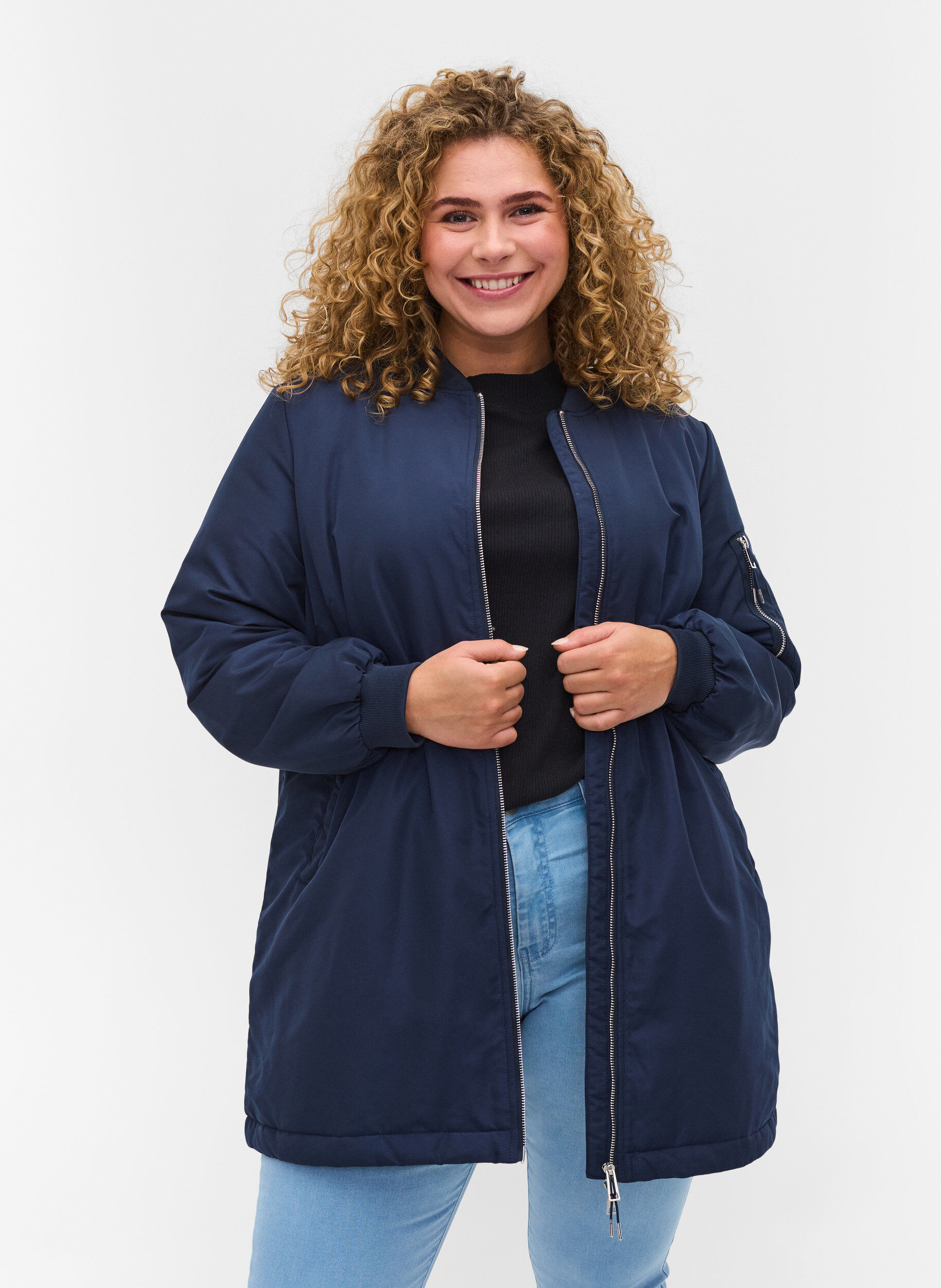 Zizzi Lange Bomberjacke mit Taschen, Navy Blazer, Model image number 0