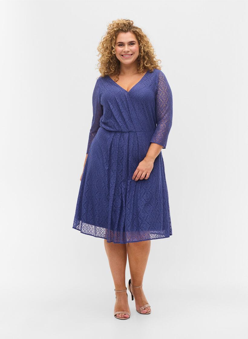 Spitzenkleid mit V-Ausschnitt und 3/4-Ärmeln, Blau, Model image number 1