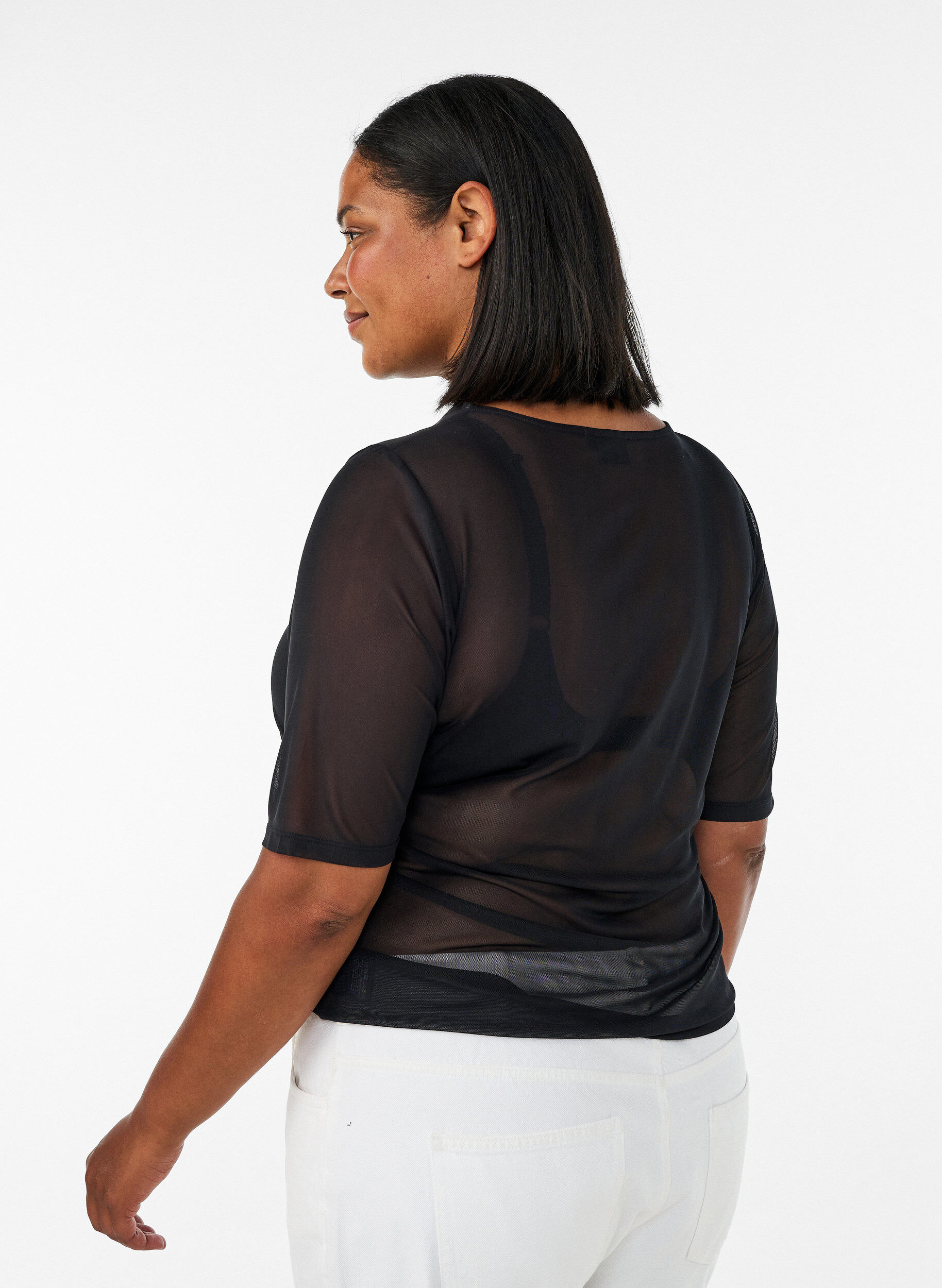 ZizziTop aus Mesh mit kurzen &Auml;rmeln und Rundhalsausschnitt, Schwarz, Model image number 1