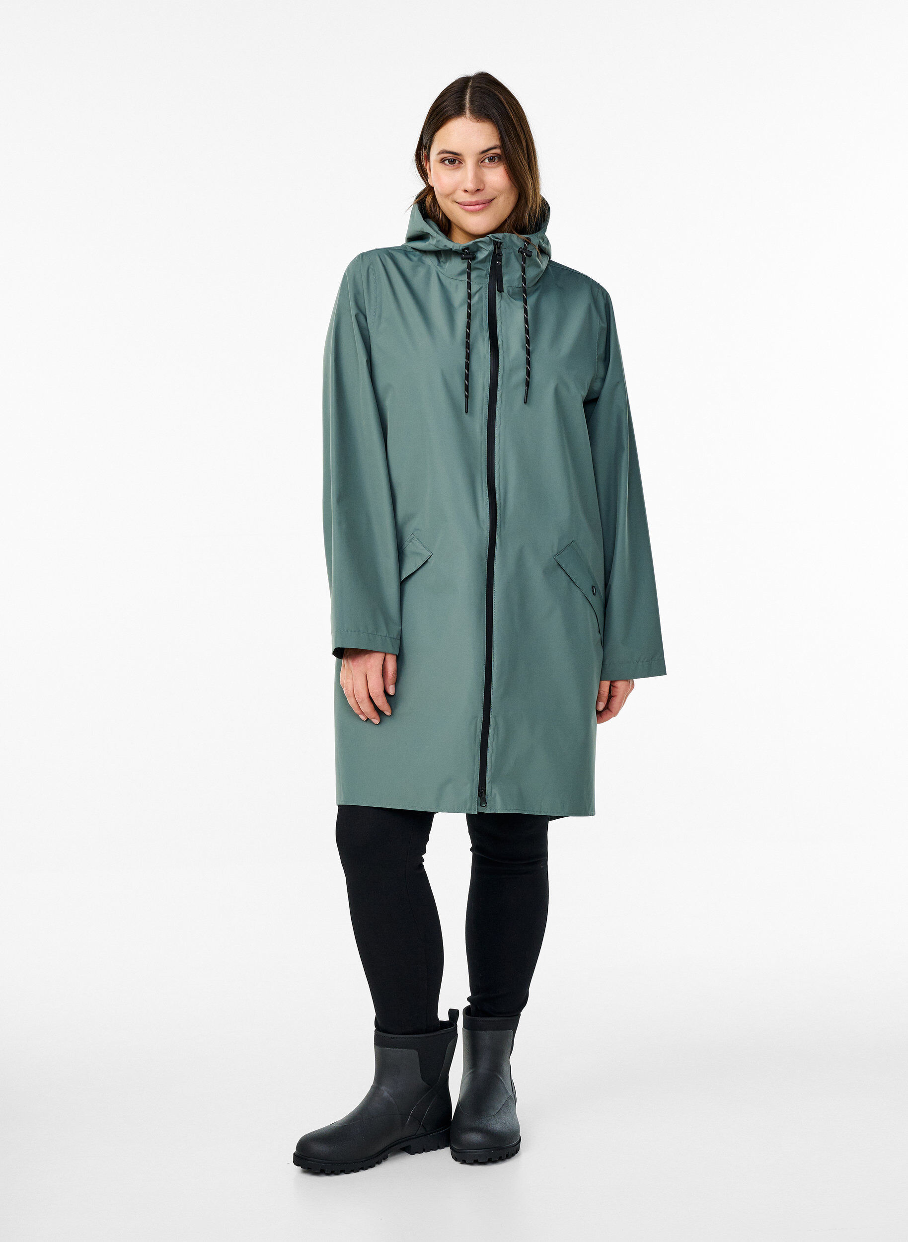Zizzi Regenjacke mit Taschen und Kapuze, Gr&uuml;n, Model image number 1