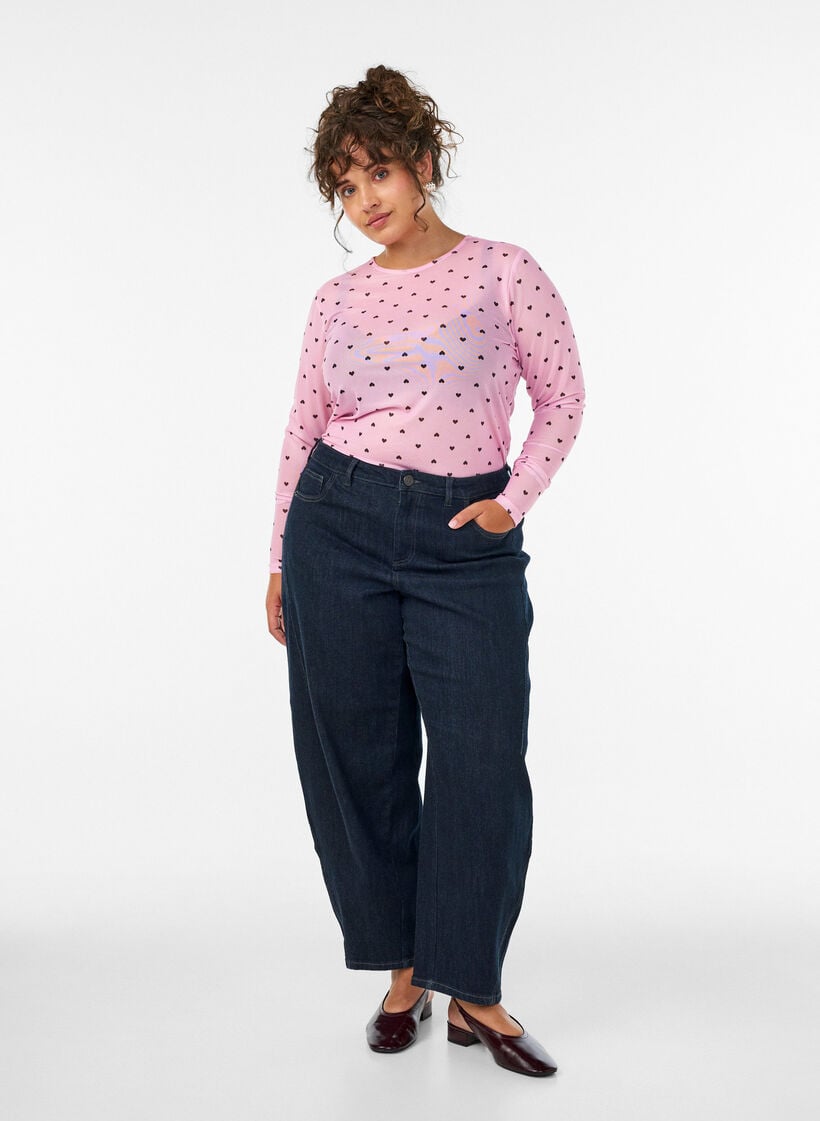 Bluse aus Mesh mit Print, Pink, Model image number 1