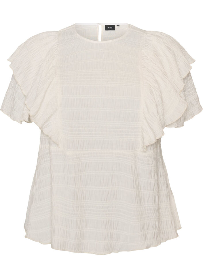 Bluse mit gesmokter Textur und R&uuml;schen&auml;rmeln, Vanille, Packshot image number 0