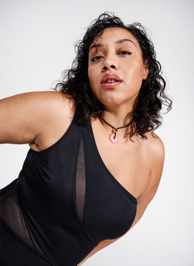 One-Shoulder-Badeanzug mit Mesh, Black, Image image number 0