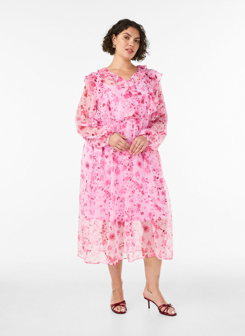 Gebl&uuml;mtes Kleid aus Chiffon mit R&uuml;schen und langen &Auml;rmeln, Pink, Model image number 0