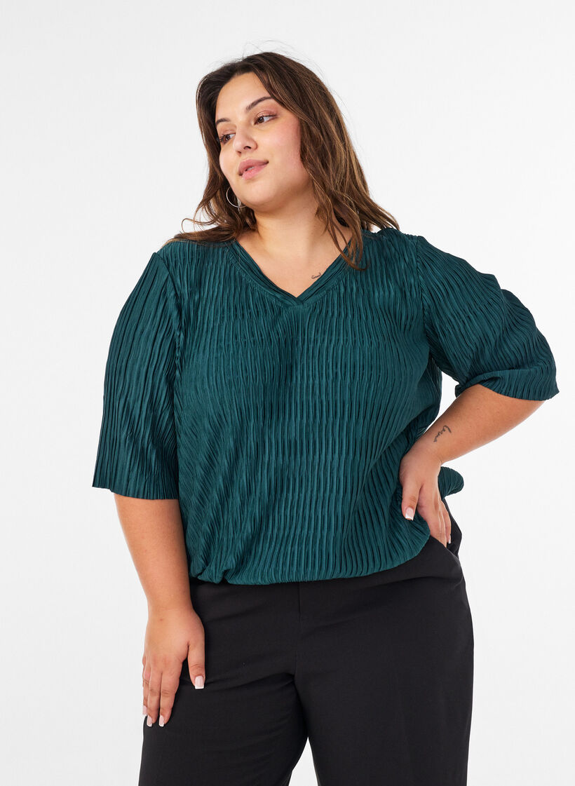 Bluse mit welliger Struktur und Ballonform, Gr&uuml;n, Model image number 0