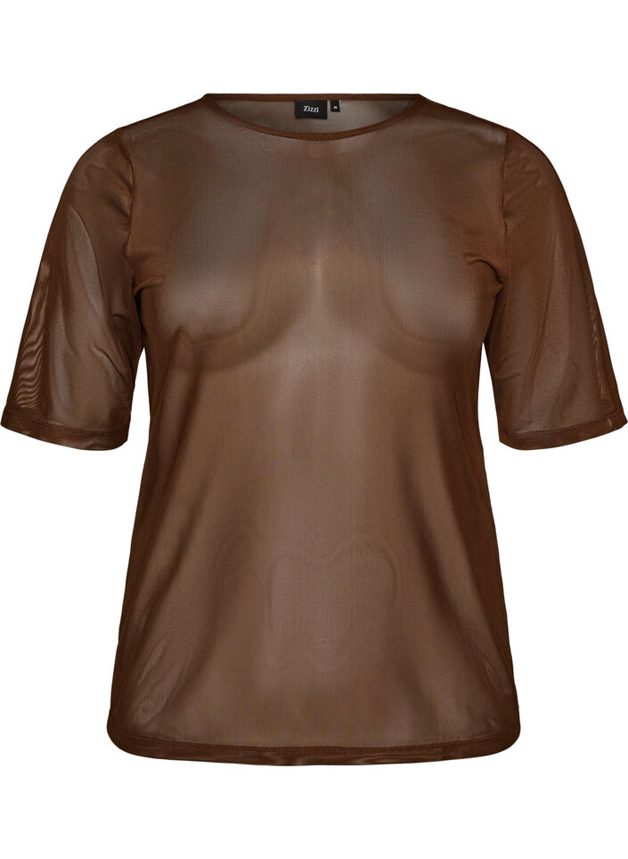 Top aus Mesh mit kurzen &Auml;rmeln und Rundhalsausschnitt, Braun, Packshot image number 0