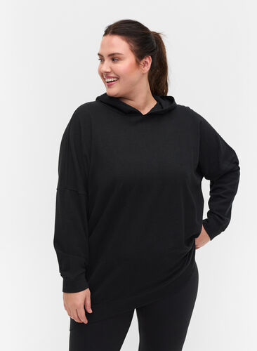 Sweatshirt aus Baumwolle mit Kapuze und High-Low-Effekt, Black, Model image number 0