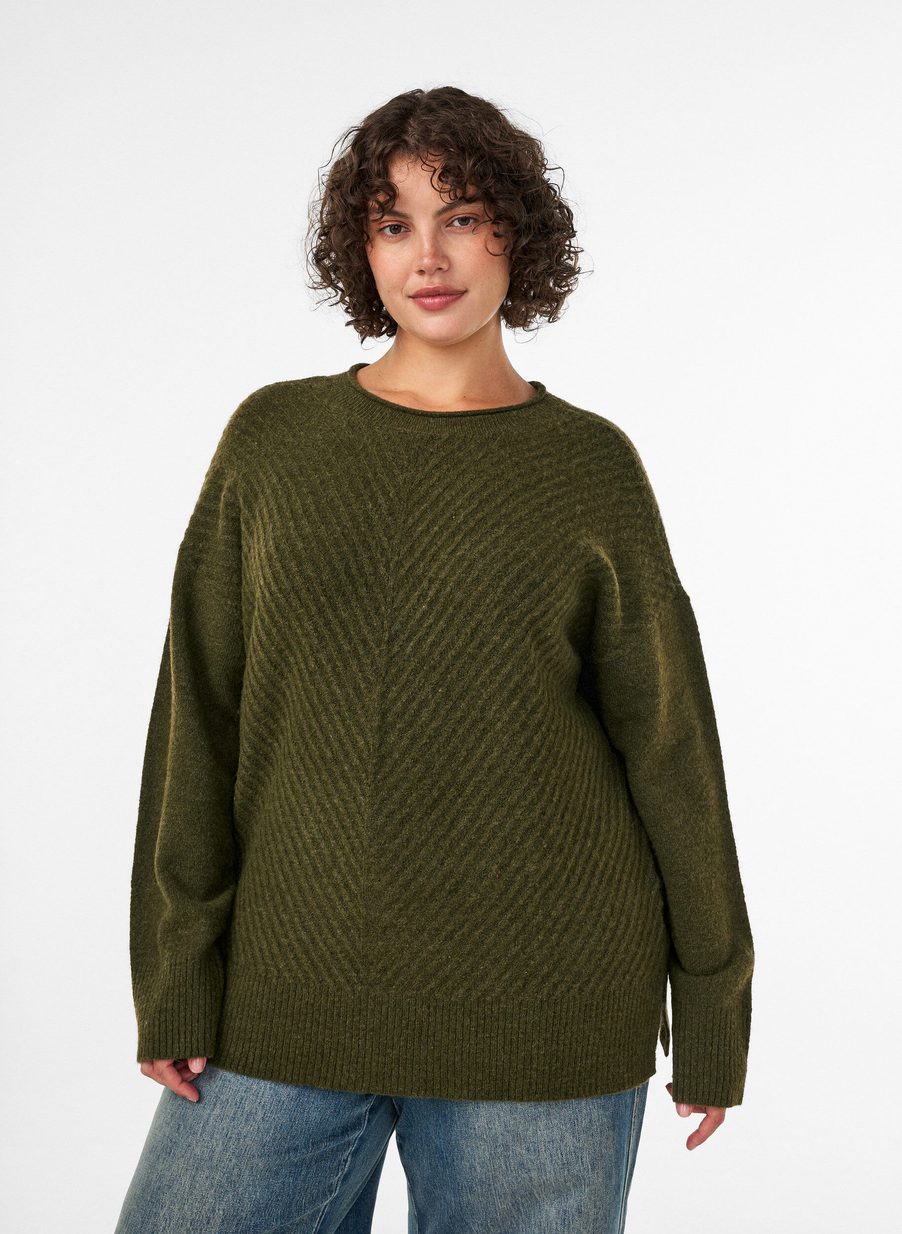 ZizziStrickbluse mit V-f&ouml;rmigem Rippenmuster und Schlitzen, Gr&uuml;n, Model image number 0