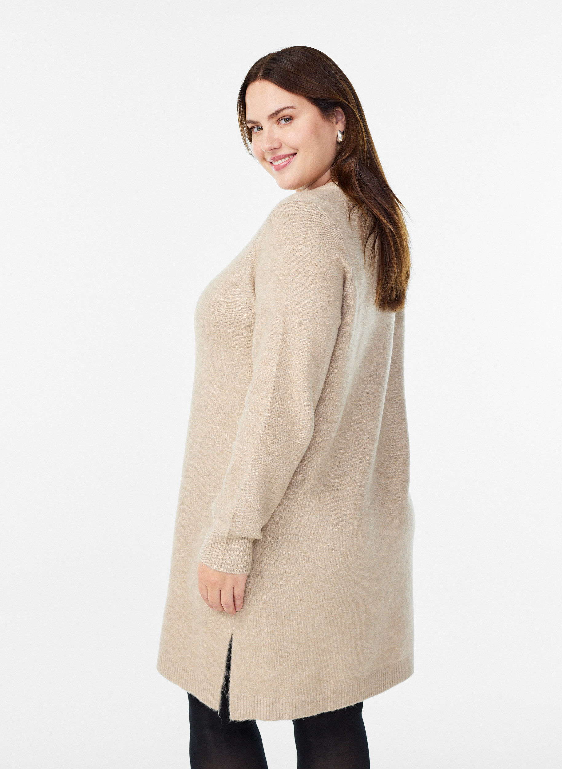 Zizzi Kurzes Strickkleid mit Strasssteinen, Beige, Model image number 2