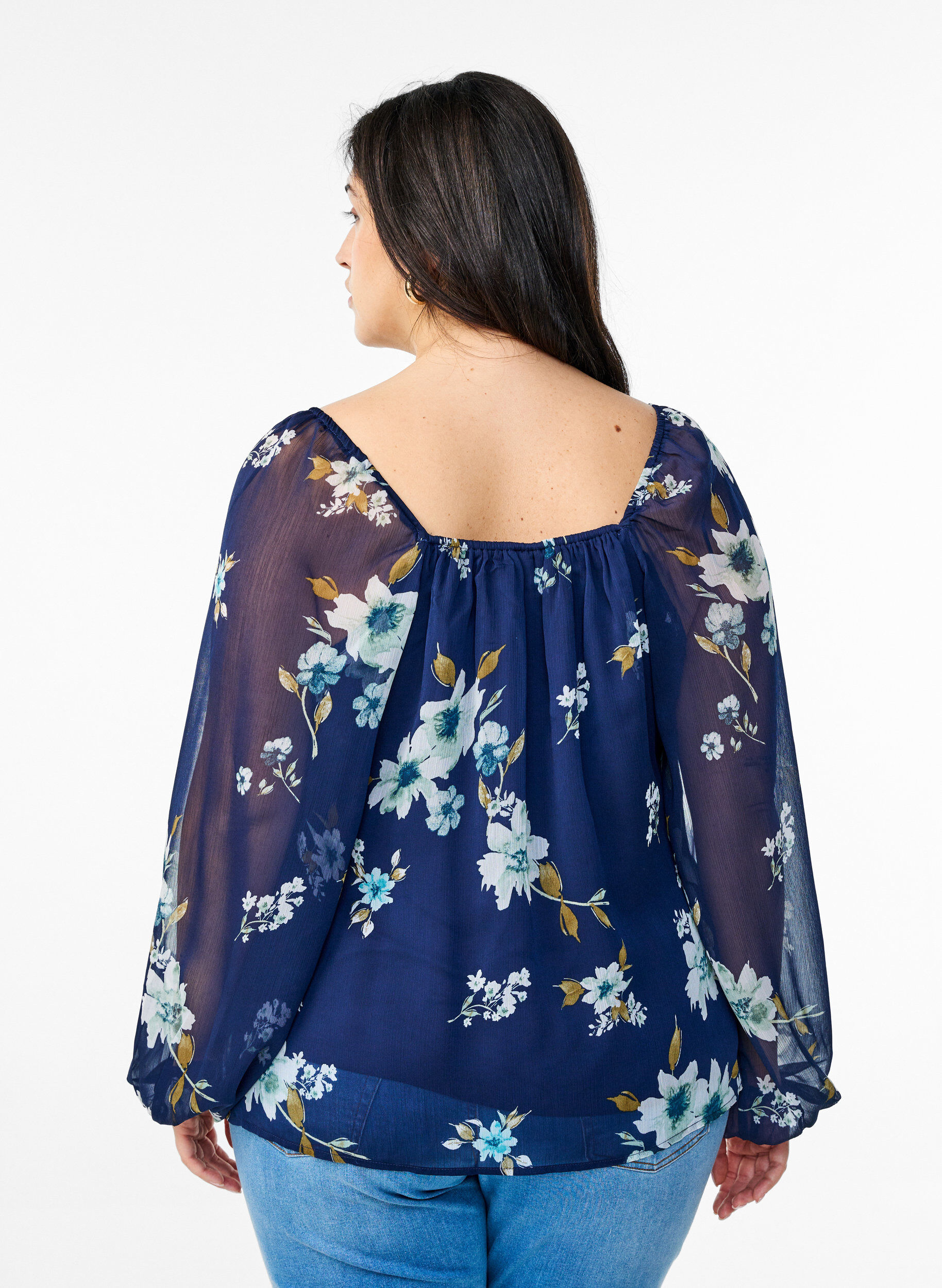 Zizzi Bluse aus Chiffon mit gebl&uuml;mtem Print und langen &Auml;rmeln, Blau, Model image number 2