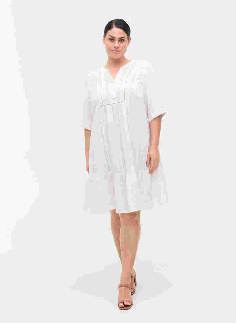 Gestreiftes Viskose Kleid mit Spitzenbändern, Bright White, Model image number 2