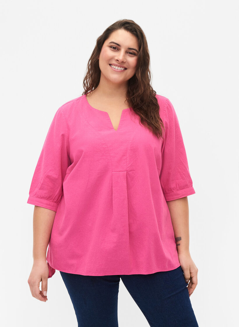 FLASH - Bluse aus Baumwolle mit halblangen Ärmeln, Raspberry Rose, Model image number 0