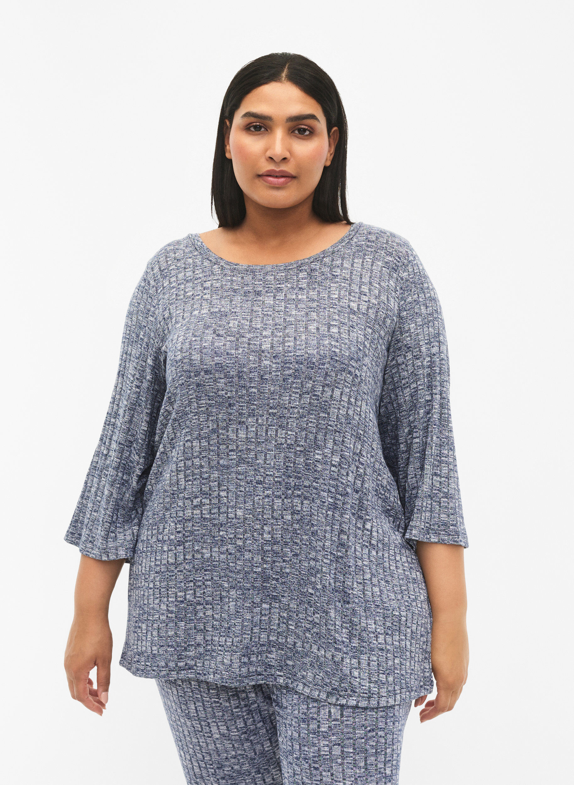 Zizzi Melange Bluse mit Rundhalsausschnitt und 3/4-&Auml;rmeln, Dress Blues Mel., Model image number 0