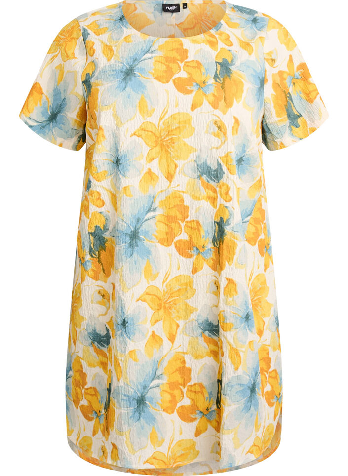 Kurzes Kleid mit gecrinkelter Textur und kurzen &Auml;rmeln, Gelb, Packshot image number 0