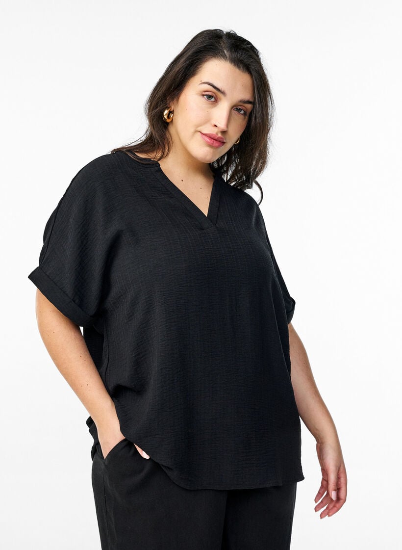Lockere Bluse mit kurzen &Auml;rmeln, Schwarz, Model image number 0
