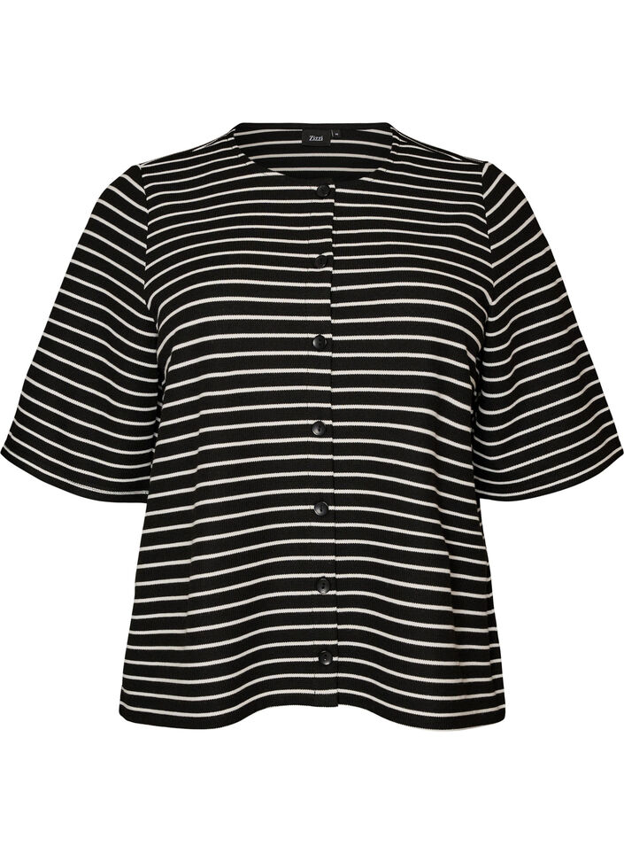 Bluse mit Rippstruktur und Knopfleiste, Schwarz, Packshot image number 0