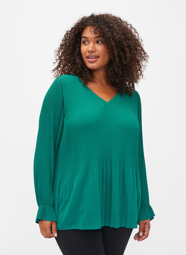 Plissee Bluse mit V-Ausschnitt, Evergreen, Model image number 0