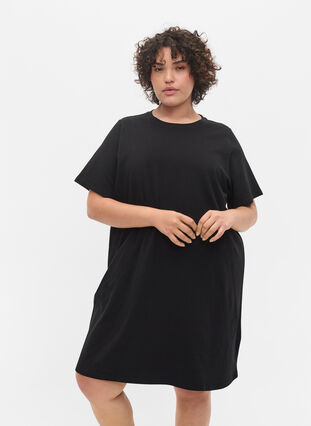 Einfarbiges T-Shirt-Nachthemd aus Baumwolle, Black, Model image number 0