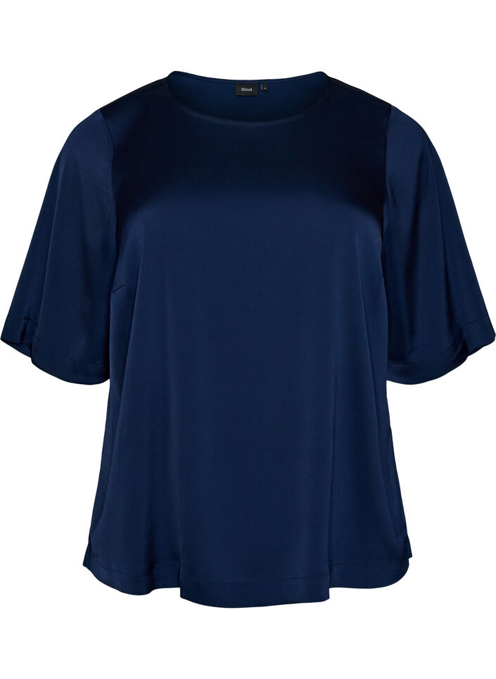 Bluse aus Satin mit ellenbogenlangen &Auml;rmeln, Blau, Packshot image number 0